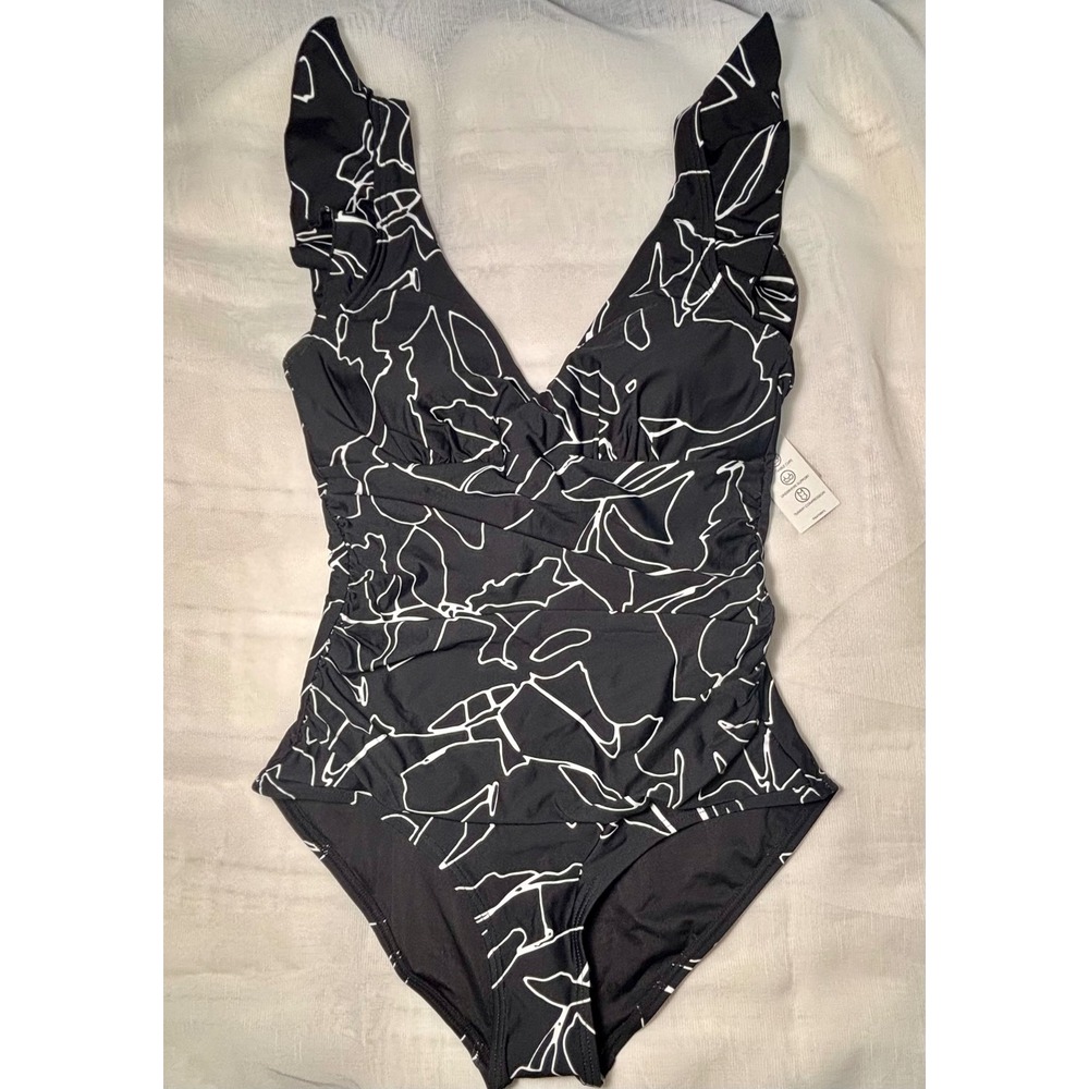 DKNY Medium One Piece Swimsuit Womens Black White Ruffle Shoulder DIMMS731 - Picture 2 of 7